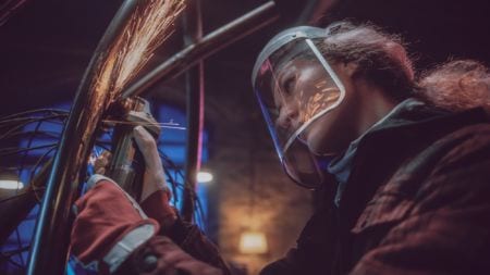 A general welder at work wearing a protective mask