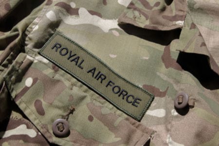 Royal Air Force tag on an army uniform closeup