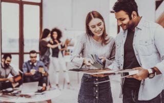 A man and a woman discussing design options